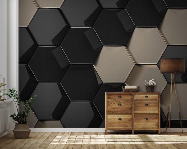 Motivo hexagonal en negro y beige Fotomurales Motivo hexagonal en negro y beige