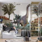 Fotomurales Dinosaurios vagando entre frondoso follaje.