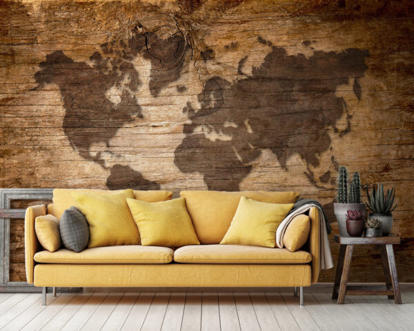 Mapa del mundo en un trozo de madera Fotomurales Mapa del mundo en un trozo de madera