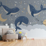 Fotomurales Ballena azul con cola blanca y estrellas