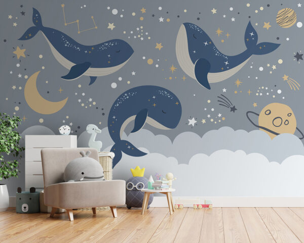 Ballena azul con cola blanca y estrellas Fotomurales Ballena azul con cola blanca y estrellas