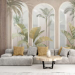Fotomurales Ventanas arqueadas con plantas tropicales.