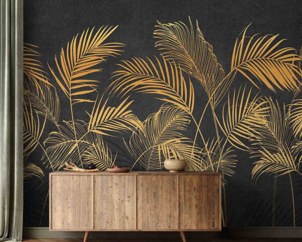 Hojas de palmera amarillas sobre fondo negro Fotomurales Hojas de palmera amarillas sobre fondo negro