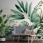 Fotomurales Ilustración de hojas tropicales en verde.