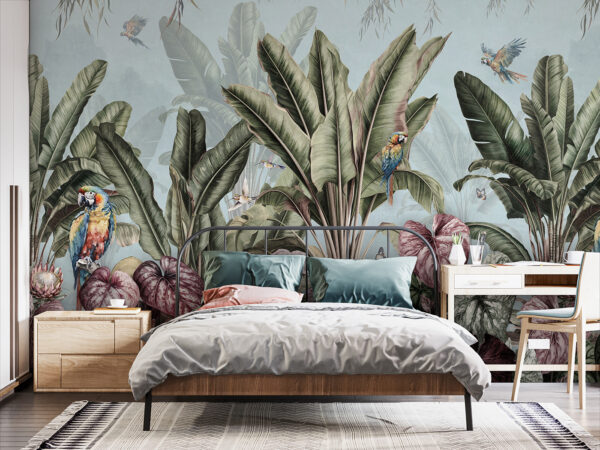 Papel pintado con plantas y pájaros tropicales Fotomurales Papel pintado con plantas y pájaros tropicales