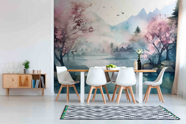 Pintura de un árbol con flores rosas Fotomurales Pintura de un árbol con flores rosas