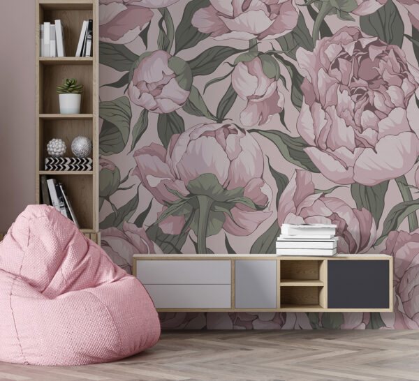Estampado floral vintage de peonías rosas Fotomurales Estampado floral vintage de peonías rosas