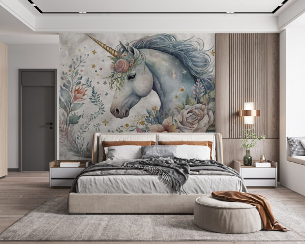 Encantador unicornio adornado con flores Fotomurales Encantador unicornio adornado con flores