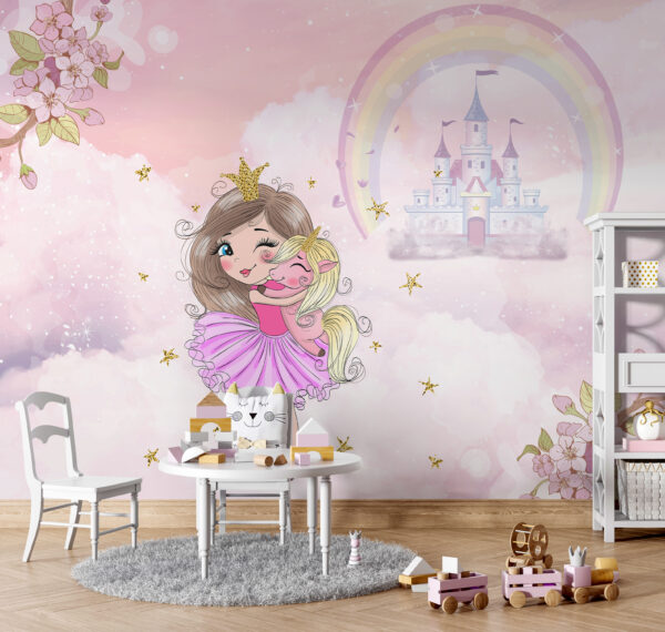 Dibujo animado de una niña abrazando a un unicornio Fotomurales Dibujo animado de una niña abrazando a un unicornio