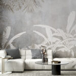 Fotomurales Papel pintado blanco y gris con plantas