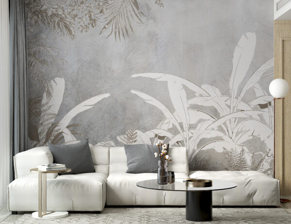 Papel pintado blanco y gris con plantas Fotomurales Papel pintado blanco y gris con plantas