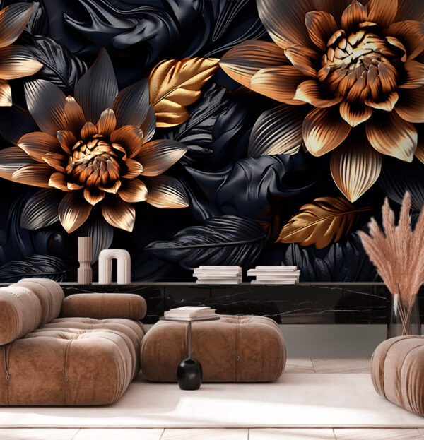 Flores metálicas con diseño de hojas oscuras Fotomurales Flores metálicas con diseño de hojas oscuras