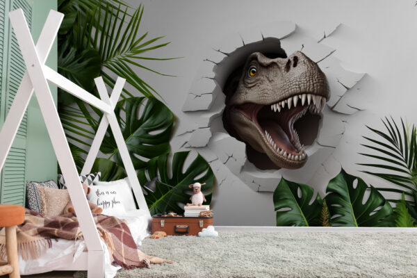 Dinosaurio emerge a través de pared agrietada Fotomurales Dinosaurio emerge a través de pared agrietada