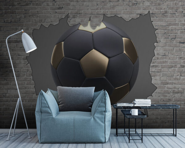 Un balón de fútbol atraviesa una pared de ladrillos Fotomurales Un balón de fútbol atraviesa una pared de ladrillos