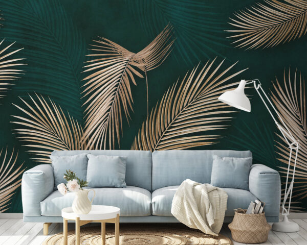 Elegantes hojas de palmera sobre fondo verde azulado Fotomurales Elegantes hojas de palmera sobre fondo verde azulado