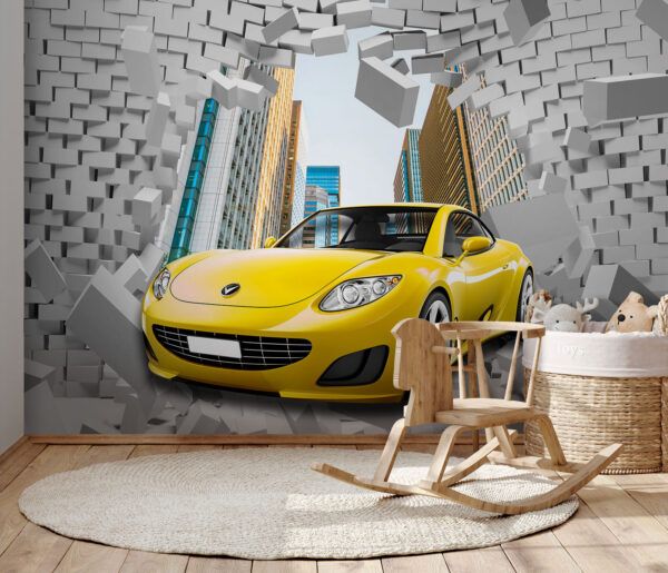 Fotomurales Fotomurales Un coche deportivo atraviesa un muro de ladrillos. (SKU: u93976)