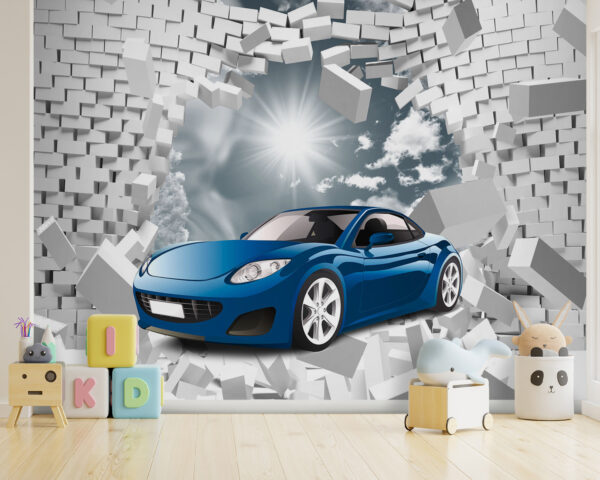 Un coche azul atraviesa un muro de ladrillos Fotomurales Un coche azul atraviesa un muro de ladrillos