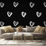 Fotomurales Estampado en blanco y negro con corazones blancos