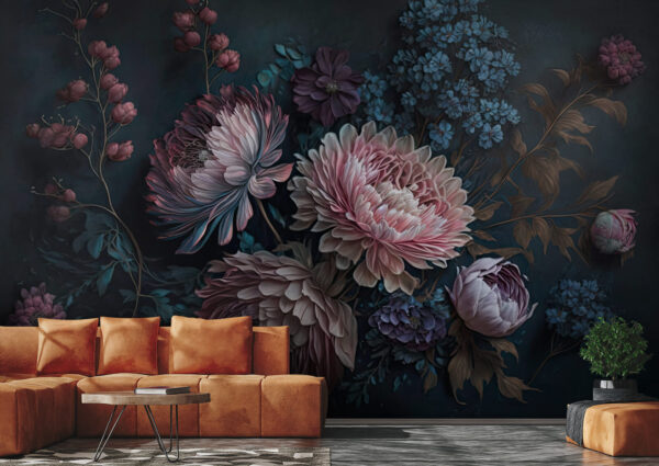 Vibrante arreglo floral en tonos oscuros Fotomurales Vibrante arreglo floral en tonos oscuros