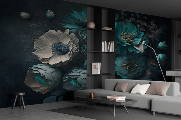 Elegancia floral en suaves tonos azules Fotomurales Elegancia floral en suaves tonos azules