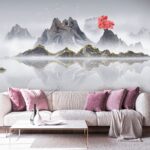 Fotomurales Cordillera con un árbol rojo en medio del agua