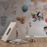 Fotomurales Animales de dibujos animados volando con globos