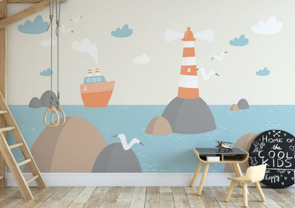 Dibujo animado de un faro y un barco Fotomurales Dibujo animado de un faro y un barco