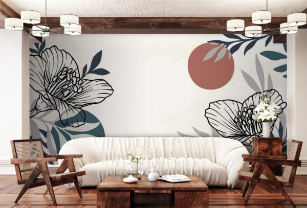 Fondo blanco con flores y hojas en blanco y negro Fotomurales Fondo blanco con flores y hojas en blanco y negro