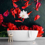 Fotomurales Grupo de flores rojas con pétalos sobre una superficie negra