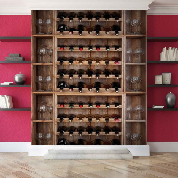 Botellas de vino y copas en estanterías Fotomurales Botellas de vino y copas en estanterías