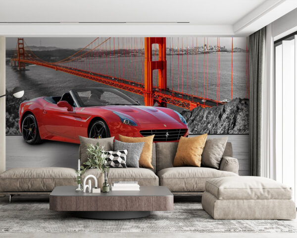 Coche deportivo rojo en una carretera con un puente de fondo Fotomurales Coche deportivo rojo en una carretera con un puente de fondo