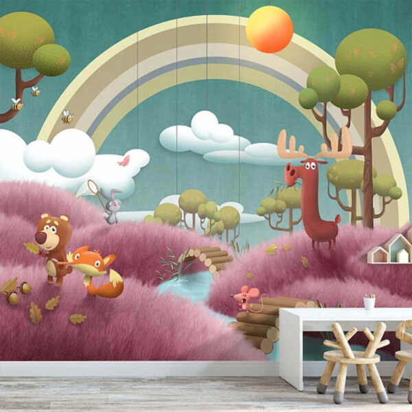 Escena de dibujos animados con animales y un río Fotomurales Escena de dibujos animados con animales y un río