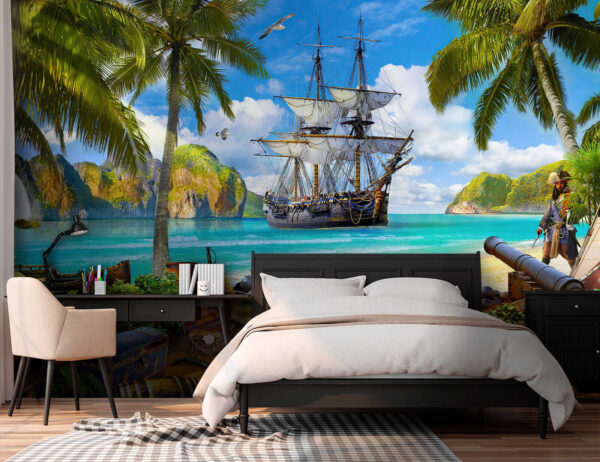 Barco pirata anclado en un paraíso tropical Fotomurales Barco pirata anclado en un paraíso tropical