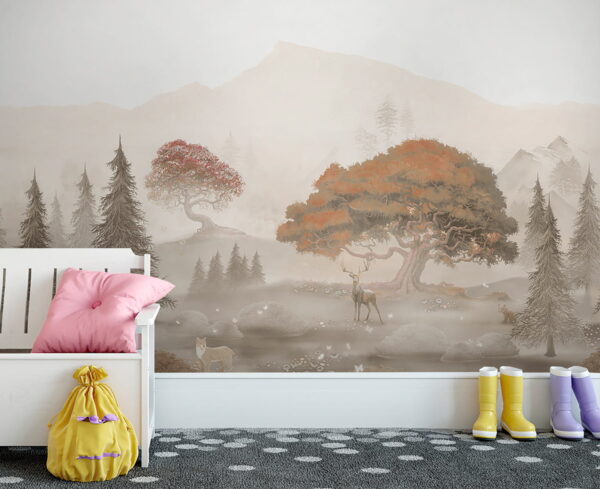 Pintura de un bosque con árboles y montañas Fotomurales Pintura de un bosque con árboles y montañas