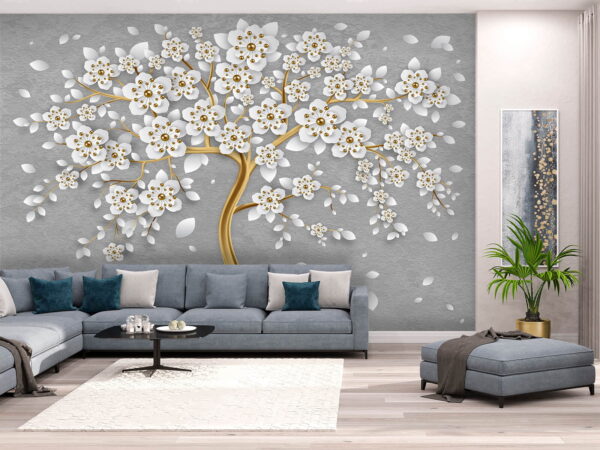 Árbol con flores y hojas blancas Fotomurales Árbol con flores y hojas blancas