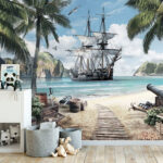 Fotomurales Barco pirata anclado en una playa pintoresca.