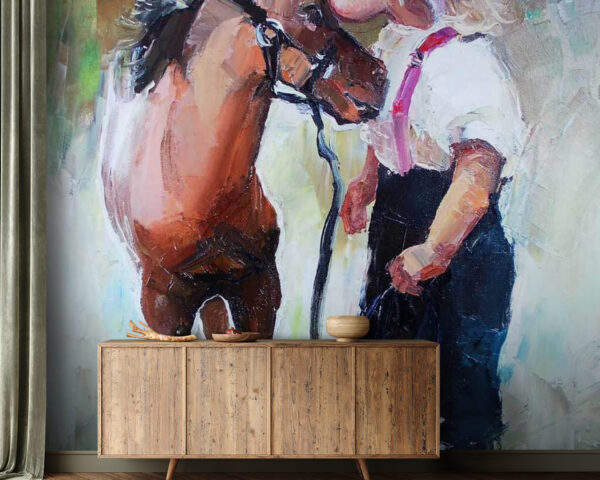 Pintura de una chica besando a un caballo Fotomurales Pintura de una chica besando a un caballo