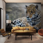 Fotomurales Leopardo tumbado sobre una superficie de madera