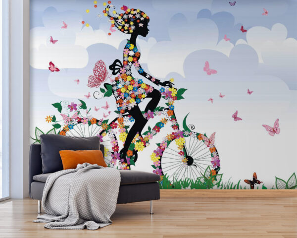 Mujer en bicicleta con flores Fotomurales Mujer en bicicleta con flores