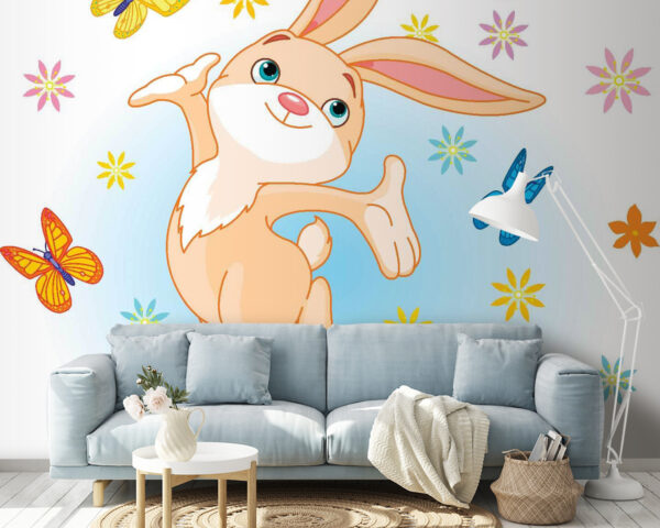 Dibujo animado de un conejo saltando en el aire con mariposas Fotomurales Dibujo animado de un conejo saltando en el aire con mariposas