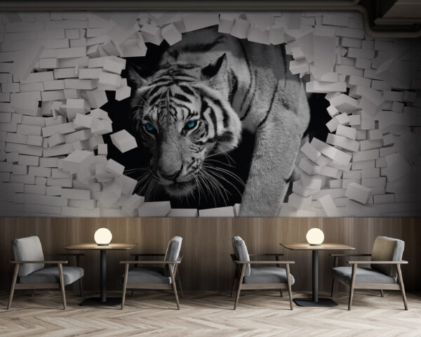 Tigre atravesando muro de ladrillo blanco Fotomurales Tigre atravesando muro de ladrillo blanco