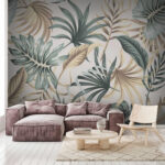 Fotomurales Hojas tropicales sobre fondo beige.