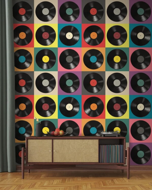 Expositor de disposición de discos de vinilo de colores Fotomurales Expositor de disposición de discos de vinilo de colores