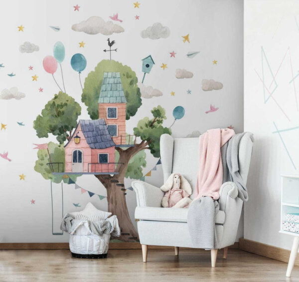 Pintura en acuarela de una casa en un árbol Fotomurales Pintura en acuarela de una casa en un árbol
