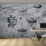 Fotomurales Mapa del mundo con diferentes tipos de globos aerostáticos