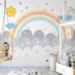 Fotomurales Arco iris y nubes con sol y estrellas