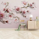 Fotomurales Magnolias rosas en elegantes ramas.