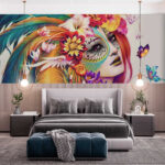 Fotomurales Estallan plumas de colores y flores vibrantes.