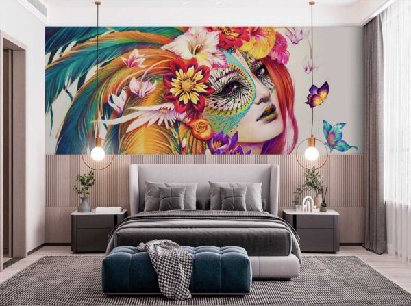 Estallan plumas de colores y flores vibrantes Fotomurales Estallan plumas de colores y flores vibrantes