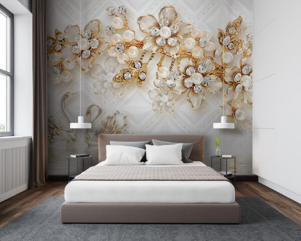 Papel pintado con cisnes y flores Fotomurales Papel pintado con cisnes y flores